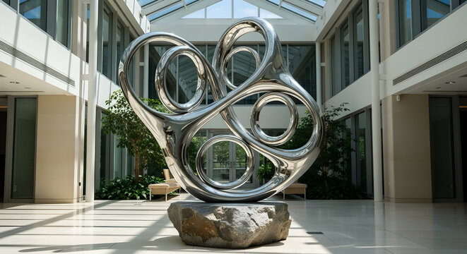 Modern abstract metallic sculpture in a bright, spacious building atrium with natural light.