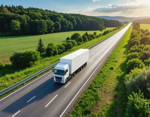 White Semi-Truck on Rural Highway at Sunset