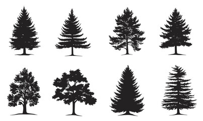 Fototapeta premium Collection of detailed black silhouette pine, fir, and deciduous tree shapes, forest nature vector set with isolated minimalist flat design elements on white background