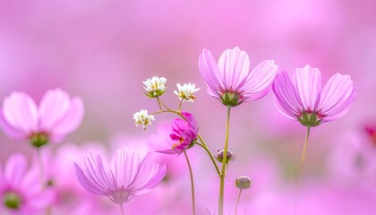 Delicate pink cosmos flowers, backlit by the sun, create a dreamy, romantic scene. The soft focus enhances the ethereal quality of the blooming blossoms