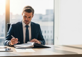 Man in suit making notes in a document or reviewing a contract. Caucasian businessman working at desk in bright modern office. Justice concept.