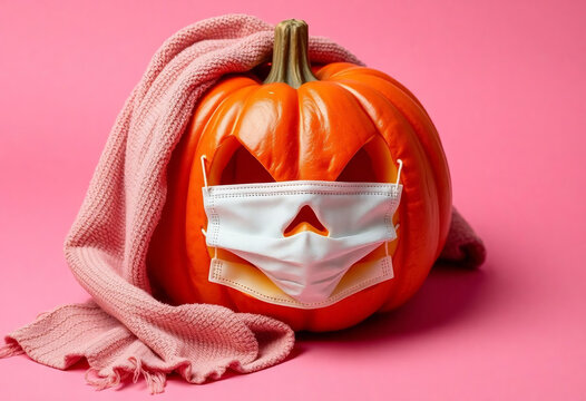 Pumpkin With Facial Mask And Towel On Pink Background Copy Space