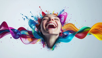 A woman with eyes closed and a wide smile, surrounded by colorful paint splashes.