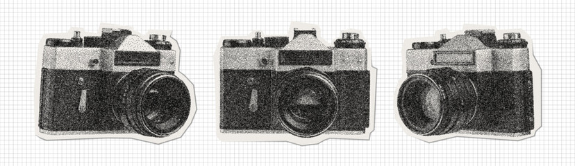 Vector set of retro film cameras in stippling style. Vintage collage aesthetic with textured dot shading. Hand-drawn photography elements for creative design. © Kolerowa