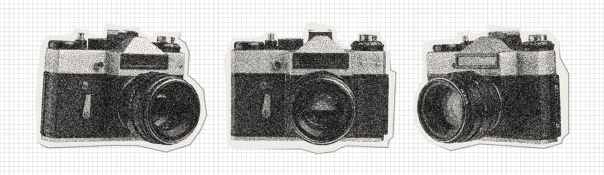 Vector set of retro film cameras in stippling style. Vintage collage aesthetic with textured dot shading. Hand-drawn photography elements for creative design.