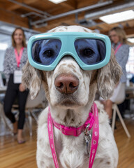 Funny office dog wearing oversized VR goggles in modern coworking space with team in background