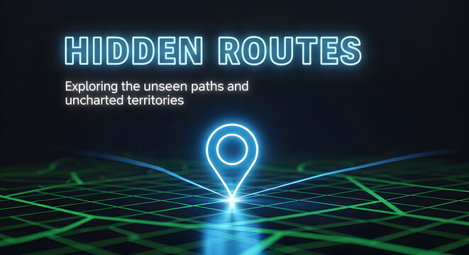 A glowing blue map marker on a digital grid representing hidden routes and uncharted territories.