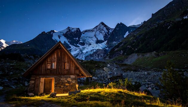 Rustic wooden cabin nestled in a mountain valley with an illuminated facade, under a starlit twilight. Majestic snow-capped peaks tower