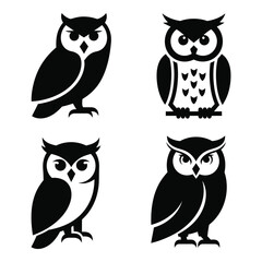 Four stylized owl silhouettes decorative elements for graphic design projects and iconography silhouette