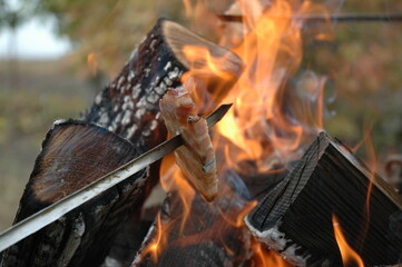 Fototapeta premium bacon frying on stick over fire