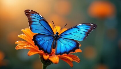 Vibrant blue morpho butterfly rests on orange flower. Dew drops cling to the petals of the bloom. Insect in its natural habitat. Nature, spring and beauty concept.