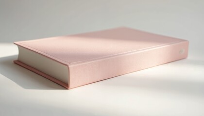 Closed pastel pink book rests on a white table surface in soft lighting. Textbook creates shadows. Clean minimal design for notebook journal and diary. Publication perfect for organised office supply.