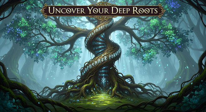A mystical, ancient tree with a spiral trunk resembling a DNA helix stands in an enchanted, misty forest, symbolizing deep roots and ancestry.