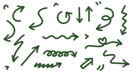 Hand-Drawn Green Arrow Set: Directional, Sketchy, Doodle Style Illustration Elements for Design, Navigation, and Creative Projects - Isolated on transparent background
