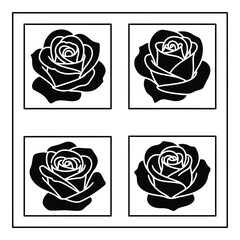 Four black rose silhouettes artistically arranged in white square frames silhouette