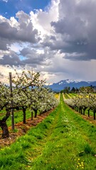 Fototapeta premium Vertical view of a lush green path through blooming orchard and distant mountains