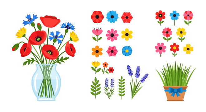 A Collection of Vibrant Floral Illustrations Featuring Poppies Cornflowers Daisies Lavender and Grass in a Vase and Potted Planter Perfect for Spring and Summer Designs