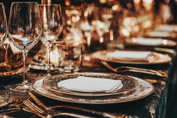 Formal table setting with elegant gold-rimmed plates, glasses, and silverware. Soft lighting