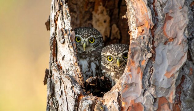 Two speckled owlets peep out from a tree cavity, alert with wide yellow eyes. The rough bark surrounds their cozy nest - Powered by Adobe