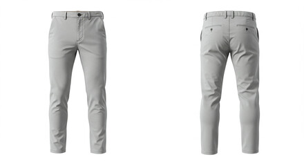 Front and back studio shot of light grey casual pants, isolated on white background.