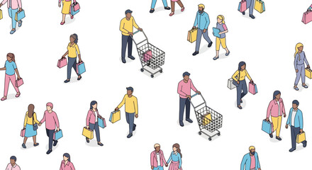 Fototapeta premium Diverse group of people engaged in casual shopping activities on a bright white background illustrating community commerce and everyday consumerism