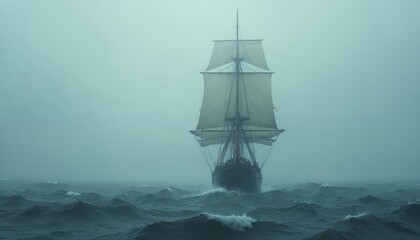 Fototapeta premium Sailboat navigating through rough sea in mist. Wooden ship sails toward camera in fog. Nautical vessel travels in storm. Vintage marine adventure voyage through ocean.