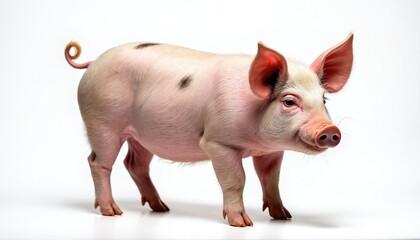Piglet stands alone on white backdrop. Pink pig isolated in studio. Young domestic animal features pink skin and ears. Portrait of pig in studio setting.