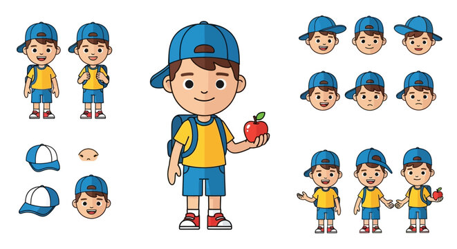Cute cartoon boy in a cap with a backpack holding an apple ready for school or learning adventures