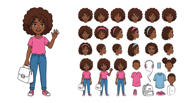 A Young Girl's Character Design Sheet Featuring Various Emotions and Outfits for Animation