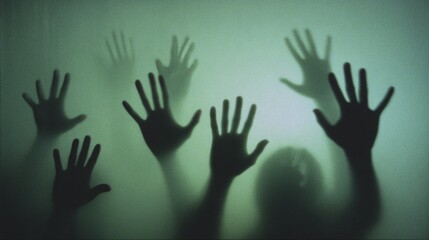 Eerie Shadows of Hands Reaching Through Frosted Glass for Halloween