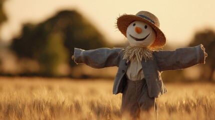 Friendly Scarecrow Standing in a Field of Golden Wheat at Sunset during Autumn