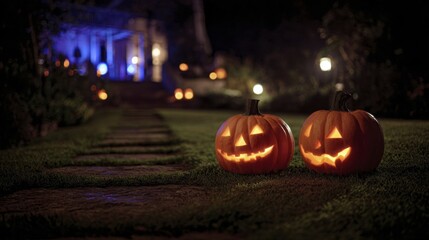 Two glowing Jack-o'-lanterns sit on green lawn near a dimly lit home at night