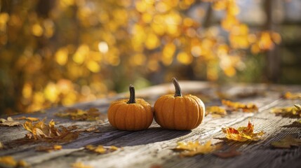 Two vibrant orange pumpkins resting on aged wood with scattered autumn leaves and soft golden light