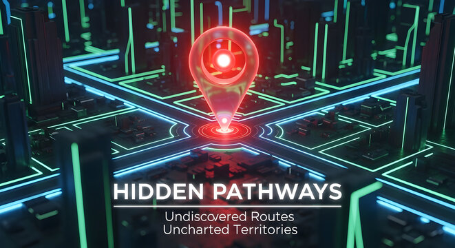Futuristic neon city grid with glowing pathways and a central holographic map pin, illustrating hidden routes and uncharted territories.