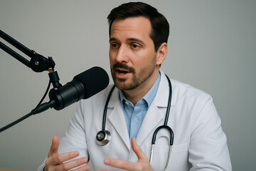 Professional male doctor wearing white coat and stethoscope speaking into microphone during podcast session
