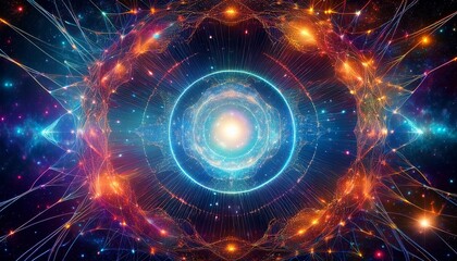 Obraz premium celestial space scape with ai inspired text and expanding neural constellations