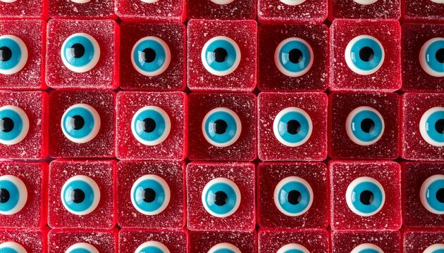 Grid of red sugar-coated square gummies interspersed with eyeball-shaped candies featuring detailed irises