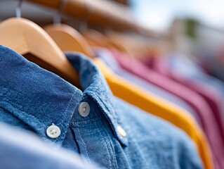 A row of shirts hanging on a rack in a clothing store