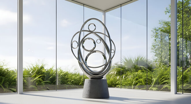 A modern abstract metal sculpture with interlocking rings and circles, displayed on a pedestal in a sunlit atrium with large glass windows and lush greenery.
