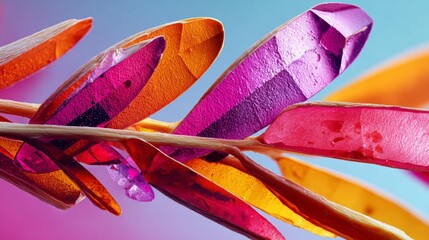 A close-up view of a feather with multiple layers of iridescent, colorful glass or crystal beads attached to its surface.