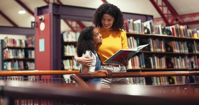 Hug, book and mother with child in library for bonding, connection or learning literature. Happy, knowledge and mom embracing girl kid with story for education with love, care and reading in store.