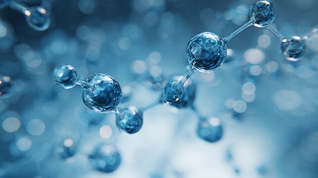 Close-up molecular structure in a blurry blue lab background, highlighting science concepts