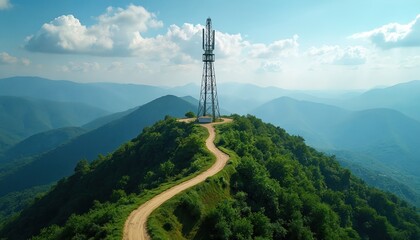 Obraz premium Communications tower on green mountain top. Winding dirt road leads to telecom infrastructure among rolling hills. Blue sky with clouds above distant landscape.