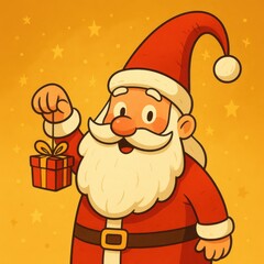 Cartoon Santa Claus holding Christmas gift box on golden starry background, festive holiday illustration with copy space. Illustration by Generative AI