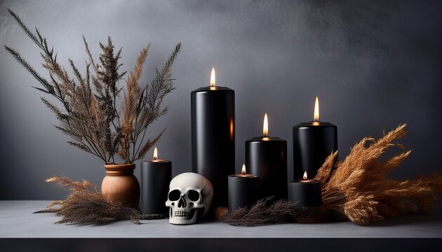 black candles glow softly dark dried plants and skull create minimalist gothic atmosphere on gray texture