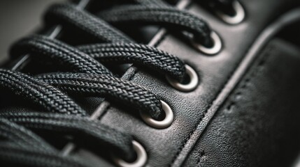 Close-up of black leather shoe with laced laces, detailed texture, lifestyle or fashion