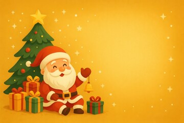 Cartoon Santa Claus sitting by Christmas tree with gifts and bell on golden festive background with copy space, cheerful holiday illustration. Illustration by Generative AI