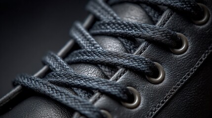 Close-up of laced black leather shoe detail with dark background. Use Fashion, style, design