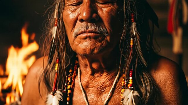 Native american old man with closed eyes wearing traditional headdress against fire background as spiritual wisdom concept footage.
