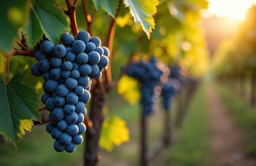 Fototapeta premium Blue grapes ripen on a vine in a vineyard during golden hour. Green leaves surround clusters ready for harvest. Rows of grapevines stretch into the soft light of sunset.